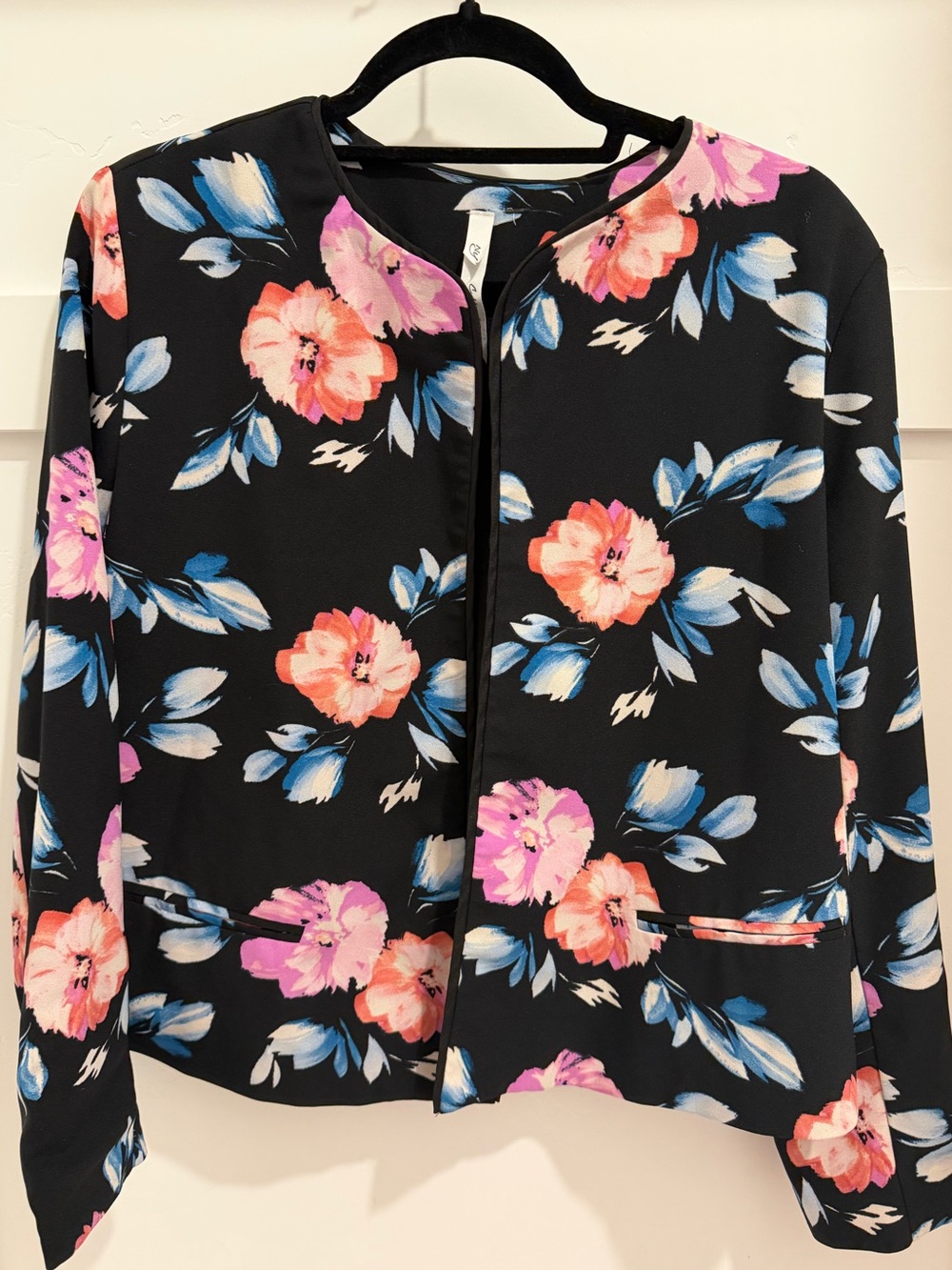 Black Floral Blazer with Pink and Blue Blooms